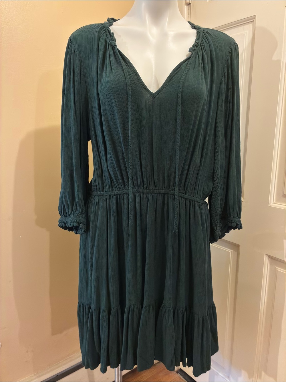 Knox Rose Long Sleeve Gathered V-Neck Tiered Ruffle Hem Dress Green Size XL